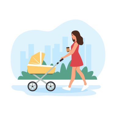 Annem parkta bebek arabası kullanıyordu. Şehir parkında bebek arabasıyla yürüyen bir kadın. Açık hava aktivitesi. Elde kahve. Vektör çizimi. Vektör düz illüstrasyon.