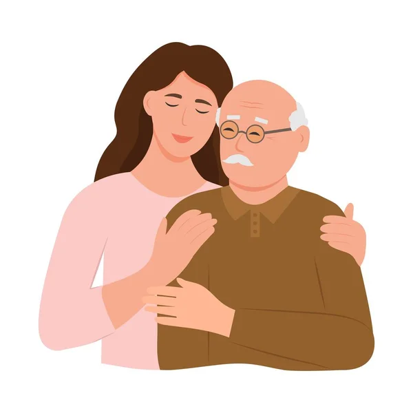 快乐的年轻女人用爱心拥抱着她的老父亲 父亲和女儿父亲节 年轻女子拥抱她爷爷的肖像 友好的家庭关系 矢量平面插图 — 图库矢量图片