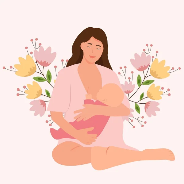 Woman Feeding Baby Breast Lactation Concept World Breastfeeding Week Flat — Stock Vector