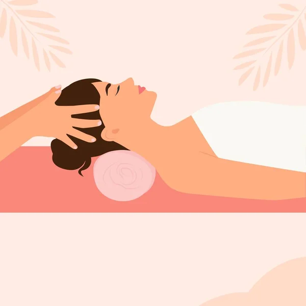 在温泉沙龙里给一个女人按摩头 按摩师按摩头 女士喜欢放松的治疗 芳香疗法 矢量说明 — 图库矢量图片