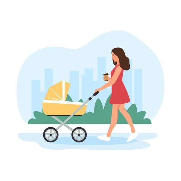 妈妈在公园里推婴儿车 一个女人带着婴儿车在城市公园里散步 户外活动 咖啡在手 矢量图解 矢量平面图解 — 图库矢量图片