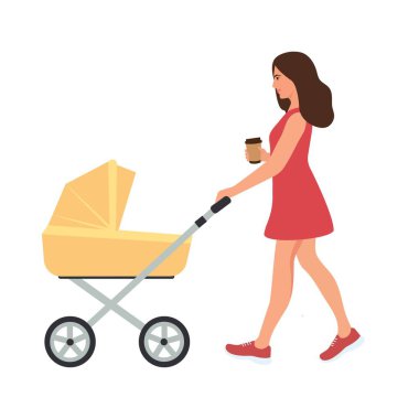 Anne tekerlekli bebek arabası. Bebek arabasıyla yürüyen bir kadın. Açık hava aktivitesi. Elde kahve. Vektör çizimi. Vektör düz çizim, izole edilmiş.