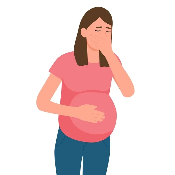 妊婦は吐き気がする 妊娠中の吐き気 病気の症状 健康上の問題 腹部の痛み フラットベクトルのイラストを溶解 — ストックベクタ