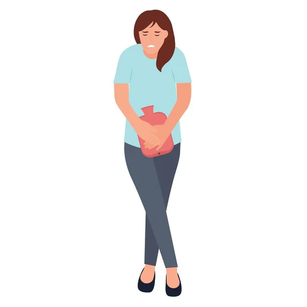 下腹部に激しい痛みを感じる女性 女性はお湯でゴムを暖かく保持しています 月経中の痛み 膀胱炎 尿路結石症 尿失禁や尿道の他の問題 孤立したベクトル図 — ストックベクタ