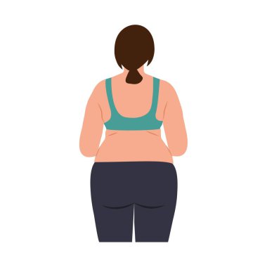 Spor giyim sektöründe aşırı kilolu genç bir kadın. Kadın obezitesi. Arka plan.