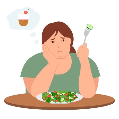 Obese girl on a diet dreaming about cake.A sad  woman is sitting at the table with a plate of salad. The concept of weight loss and diet. Vector illustration