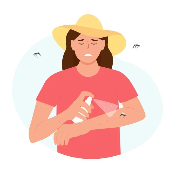 Mujer Joven Estresada Rociando Repelente Insectos Mano Aplicación Aerosol Mosquitos — Vector de stock