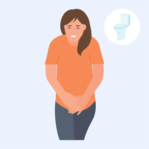Stressed Woman Standing Want Pee Anxious Girl Full Bladder Need — Vector de stock