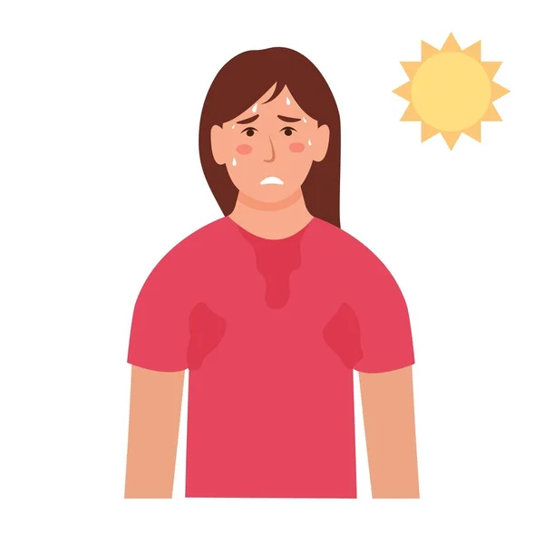 Woman Sweating Lot Girl Feels Hot Exhausted Sweaty Clothes Vector — ストックベクタ