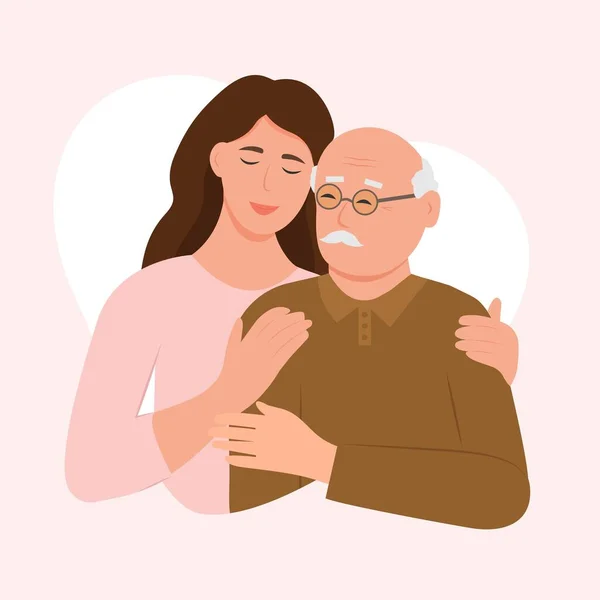 幸せな若い女性は愛と彼女の古い父を抱いています 父と娘 お父さんの日 おじいちゃんを抱きかかえた若い女性の肖像 友好的な家族関係 ベクトルフラットイラスト — ストックベクタ