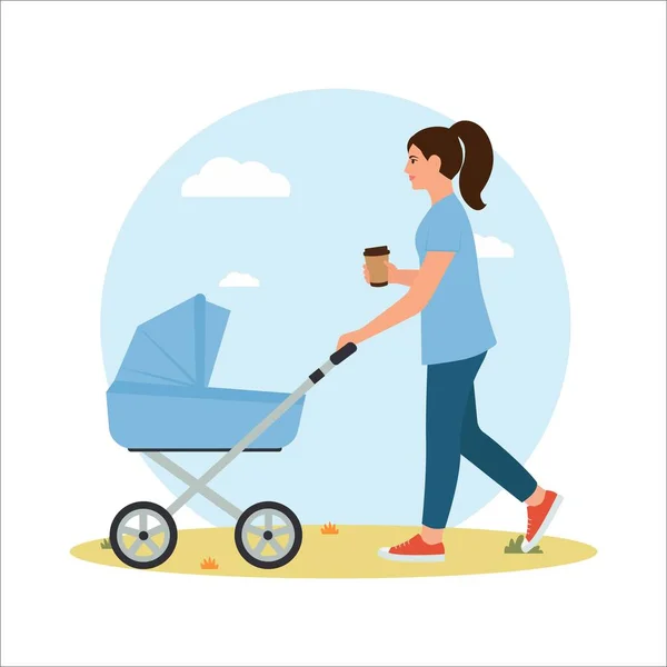 Woman Walking Baby Stroller Healthy Habits Lifestyle Flat Cartoon Vector — Stock Vector