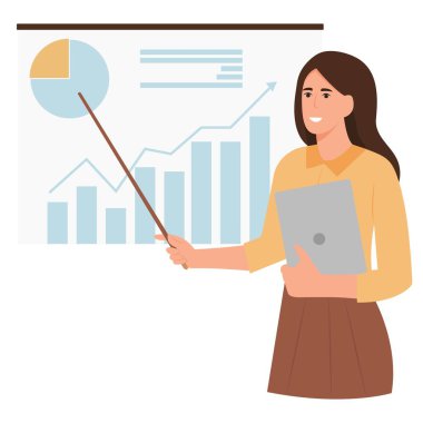 Ofis çalışanı elinde kalemle raporunu tahtada gösteriyor. İstatistiklerle çalışmak ve bilgi ve verileri değerlendirmek. Vektör çizimi izole edildi