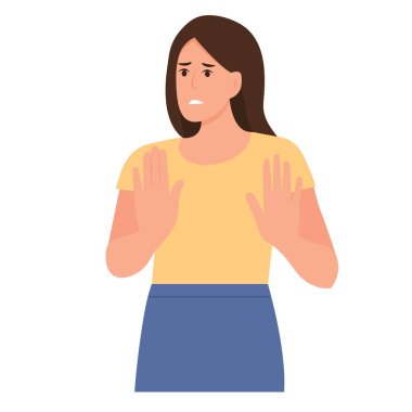 Anlaşamadığını ifade eden genç bir kadın, jestine hayır diyor. Reddedilme ve kişisel sınırlar. Negatif jest. Vektör çizimi izole edildi