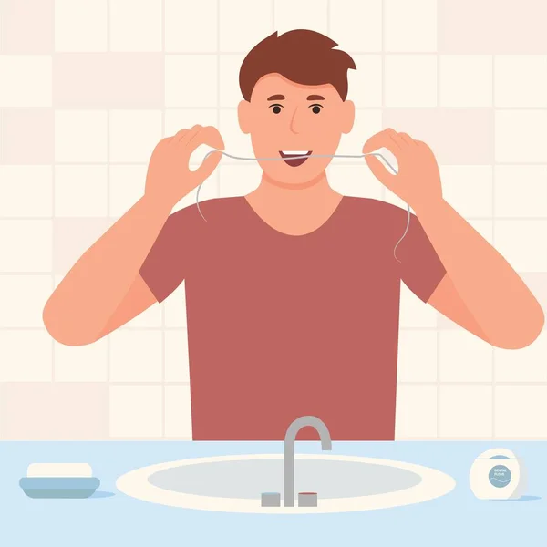 Man Brushes Teeth Dental Floss Bathroom Smiling Mouth Healthy Teeth — Stock Vector