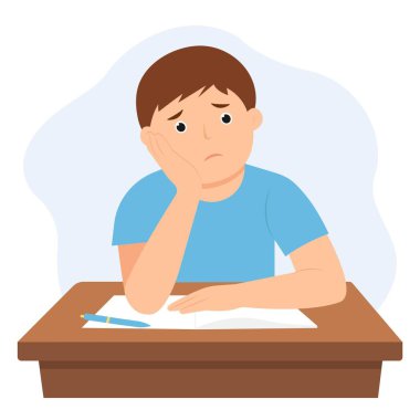  Bored kid doing homework. Sad  unhappy boy  studying, sitting with open notebook on boring school lesson. Vector illustration
