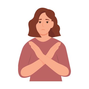 Kız, el hareketi ile bir şeyi reddediyor. Reddedildiğini ifade eden kadın. Parmak dili, sözel iletişim yok. Vektör illüstrasyonu izole edildi