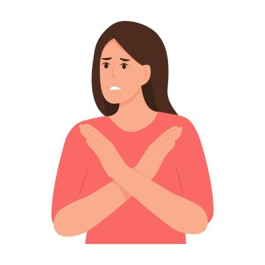 Woman  expressing rejection.Finger language, non verbal communication.Girl rejecting something with stop hand gesture.Vector illustration isolated