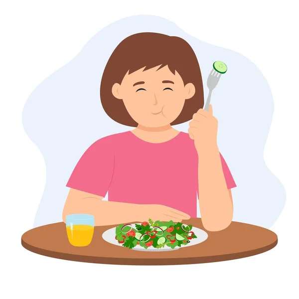 Cute Little Kid Eating Salad Using Fork Girl Eating Vegetables — 图库矢量图片