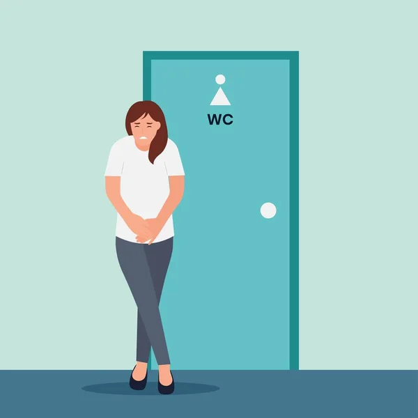 Stressed Man Standing Standing Closed Toilet Door Want Pee Anxious — Stok Vektör