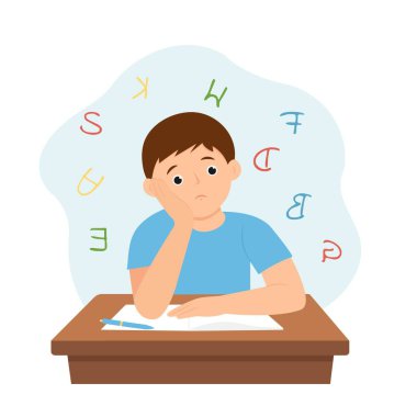 Boy having learning difficulty. Dyslexia concept.  Messed letters.Vector illustration.