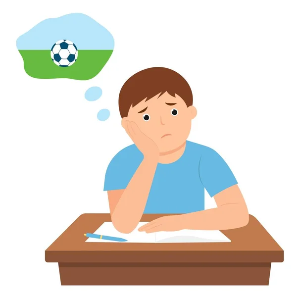 Bored Kid Doing Homework Sad Unhappy Boy Studying Sitting Open — Stockový vektor