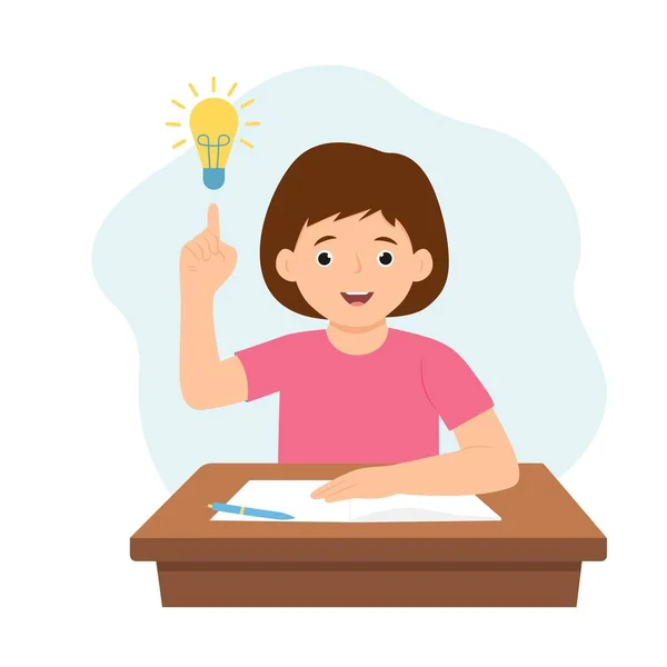 Happy Cute Girl Desk Light Idea Vector Illustration — Vetor de Stock