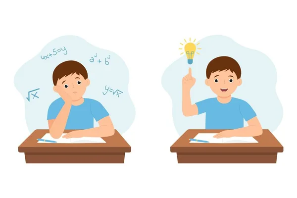 Child His Desk Solving Math Problem Boy Has Good Idea — Vetor de Stock