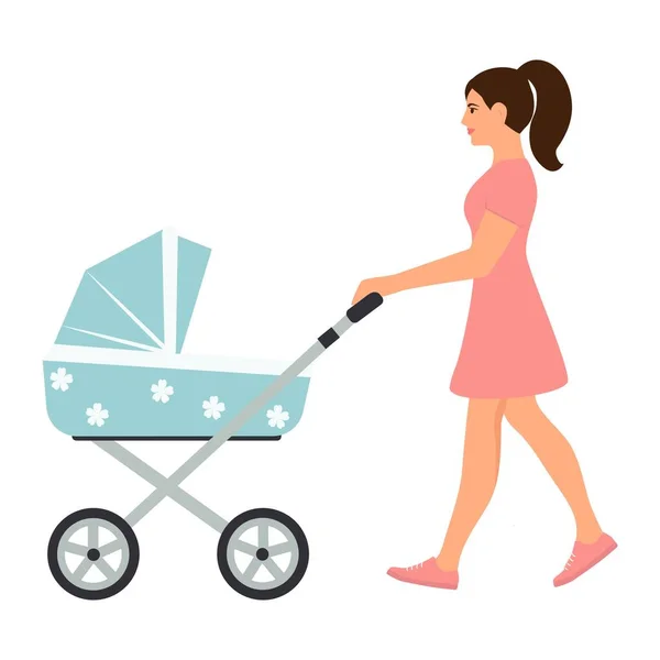 Mom Wheeling Stroller Woman Walking Baby Carriage Vector Illustration Isolated — Stockvektor