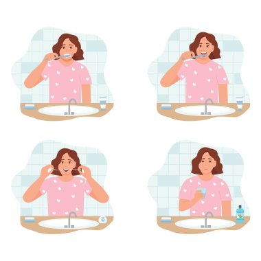 Dental care and hygiene. Woman brushing teeth stages. Brush your teeth and tongue. Use  floss and rinse your mouth.Flat vector illustration