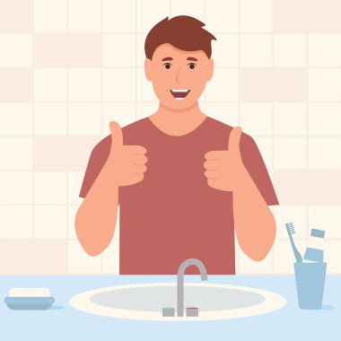 Happy man showing thumb up in bathroom The gesture is cool. Beautiful smile of a young man with healthy white teeth.Dental care and hygiene. Vector illustration