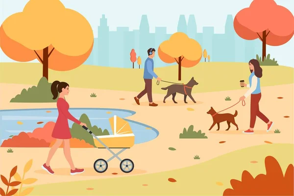 Люди Гуляют Осеннем Парке Векторная Иллюстрация Плоском Стиле — стоковый вектор