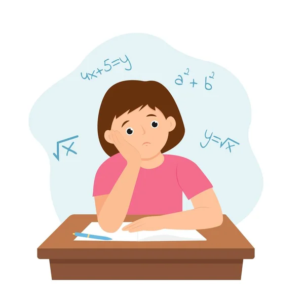 Girl Doing Homework Feel Confused Child His Desk Solving Math — Vetor de Stock