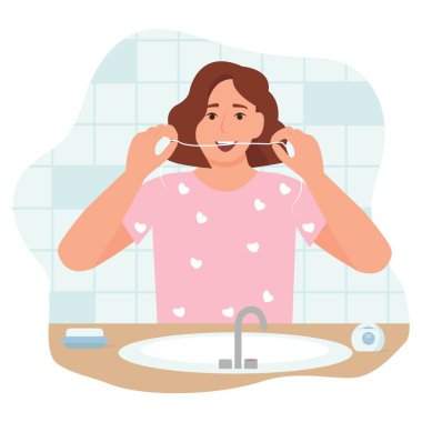  Woman brushes teeth with dental floss in bathroom. Smiling mouth with healthy teeth. Oral hygiene and daily routine concept. Vector illustration iisolated on white background