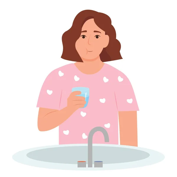 Woman Using Mouthwash Fresh Breath Plaque Prevention Rinsing Gargling Mouth — Stok Vektör