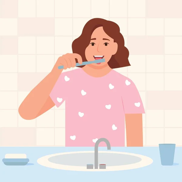 Woman Brushes Tongue Toothbrush Smiling Mouth Tongue Healthy Teeth Oral — Stok Vektör