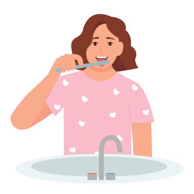 Woman brushes tongue with a toothbrush. Smiling mouth with tongue and healthy teeth. Oral hygiene and dental procedures concept. Cute vector illustration isolated on white background