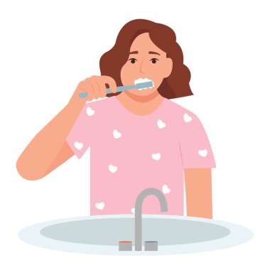  Woman  brushing teeth with toothbrush.Dental health and hygiene concept.Isolated on white background.Vector illustration