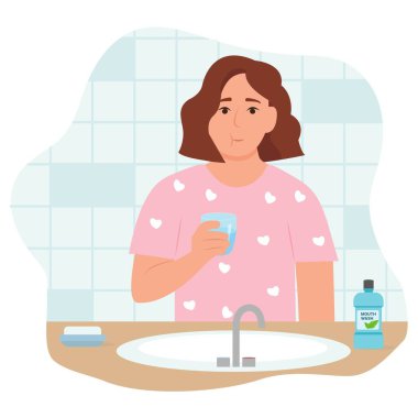 Woman using mouthwash for fresh breath and plaque prevention. Rinsing ,gargling mouth. Daily oral hygiene routine. Vector illustration isolated on white background