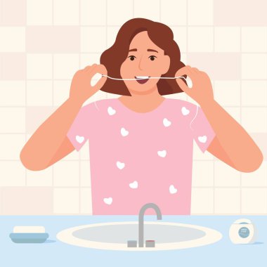 Woman brushes teeth with dental floss in bathroom. Smiling mouth with healthy teeth. Oral hygiene and daily routine concept. Vector illustration in flat style