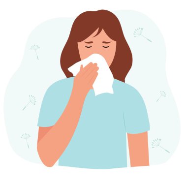 Woman with allergy.  Runny nose and watery eyes.Pretty girl or young woman is sneezing into a tissue . Vector illustration