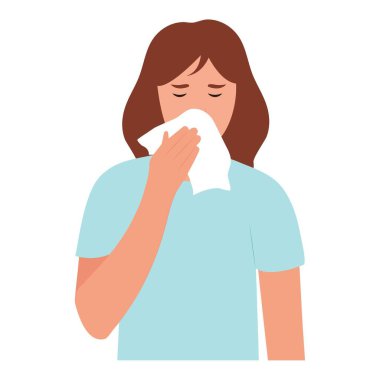 Pretty girl or young woman is sneezing into a tissue because of her allergy or cold. Vector illustration isolated on white background