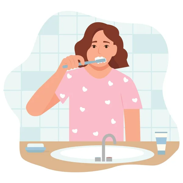 Woman Brushing Teeth Toothbrush Dental Health Hygiene Concept Isolated White — Image vectorielle