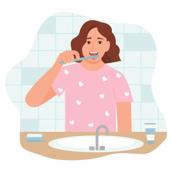 Woman Brushes Tongue Toothbrush Smiling Mouth Tongue Healthy Teeth Oral — Stock vektor