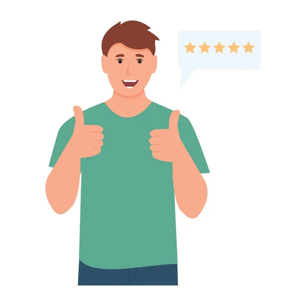 Happy Man Leaves Positive Recommend Feedback Rating Stars Good Reviews — стоковый вектор