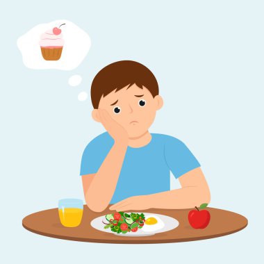 Sıkıcı yemekler yiyen çocuk. Küçük çocuk aç hissetmiyor. Çocuk bir kase sebzeye bakıp pasta hayal ederken mutsuz oluyor. Vektör illüstrasyonu