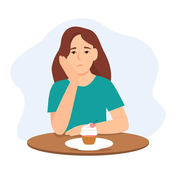 一个不饿的女人厌食症 贪食动物 一个悲伤的女孩坐在一个空盘子里 盘子里有一个蛋糕 女人拒绝吃 饮食风险 矢量平面插画A — 图库矢量图片