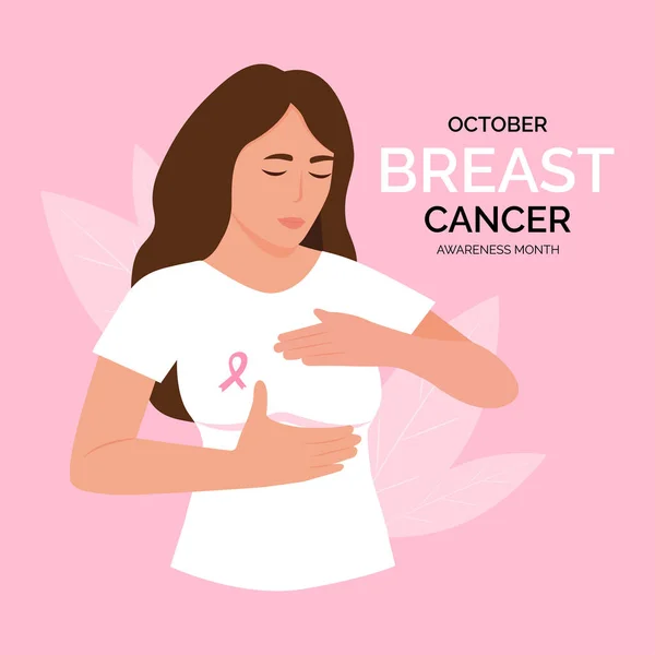 Mes Conciencia Del Cáncer Mama Una Cinta Rosa Insignia Pecho — Vector de stock