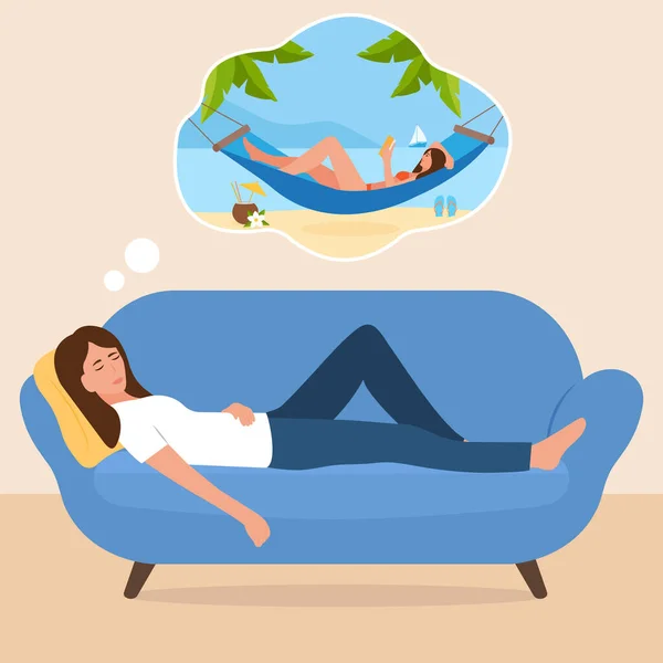 Mulher Relaxada Sofá Dormindo Sonhando Com Férias Verão Praia Com — Vetor de Stock