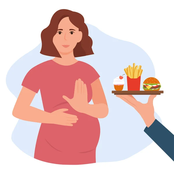 Pregnant Woman Refuse Fast Food Unhealthy Fat High Calorie Meals — Stock Vector