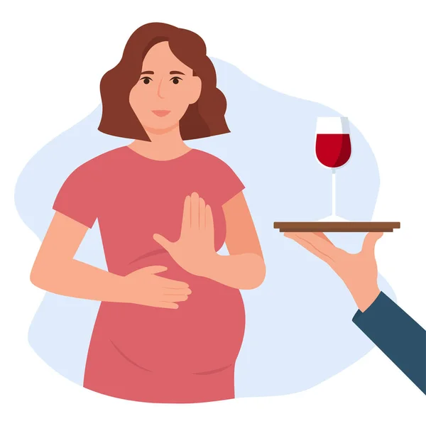 Pregnant Woman Standing Refusing Glass Wine Raised Hand Alcohol Pregnancy — Stock Vector